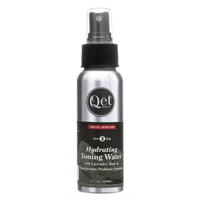 Qet Botanicals Hydrating Toning Water facial skincare spray bottle, silver 2.7 oz with black label and clear cap