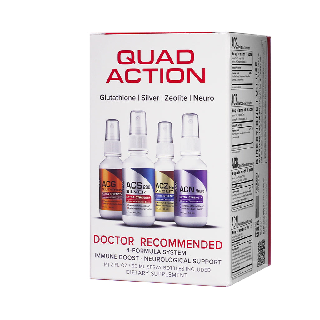 Angled front view of the Quad Action 4-Formula System with 2oz spray bottles, including ACG Glutathione, ACS 200 Silver, ACZ Nano Zeolite, and ACN Neuro for immune and neurological support.

