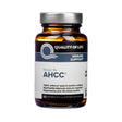 Amber bottle of Quality of Life AHCC with a silver cap and navy-and-white label, promoting immune support. The label notes 60 softgels at 300 mg, featuring claims of higher potency and clinical support from over 30 studies.