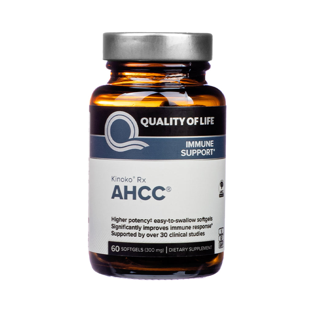 Amber bottle of Quality of Life AHCC with a silver cap and navy-and-white label, promoting immune support. The label notes 60 softgels at 300 mg, featuring claims of higher potency and clinical support from over 30 studies.