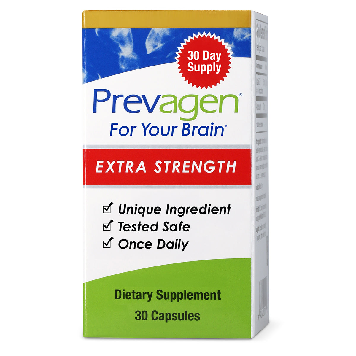 Prevagen Extra Strength dietary supplement box with blue, white, red, and green design. Promotes a 30-day supply, daily use, and features like “Unique Ingredient,” “Tested Safe,” and “Once Daily,” containing 30 capsules.