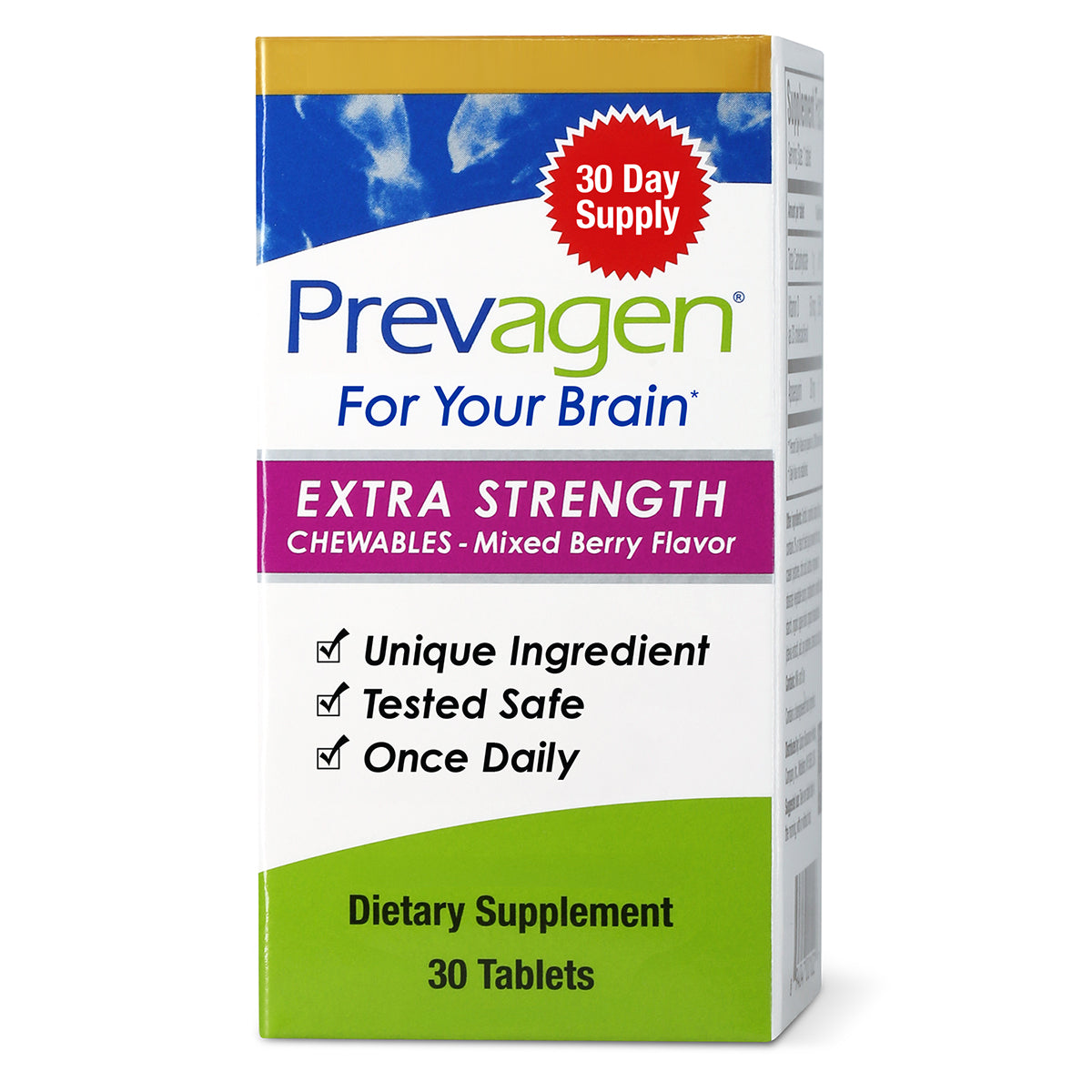 Prevagen Extra Strength Chewables box in mixed berry flavor with a 30-day supply label. Highlights include “Unique Ingredient,” “Tested Safe,” and “Once Daily,” containing 30 tablets as a dietary supplement.