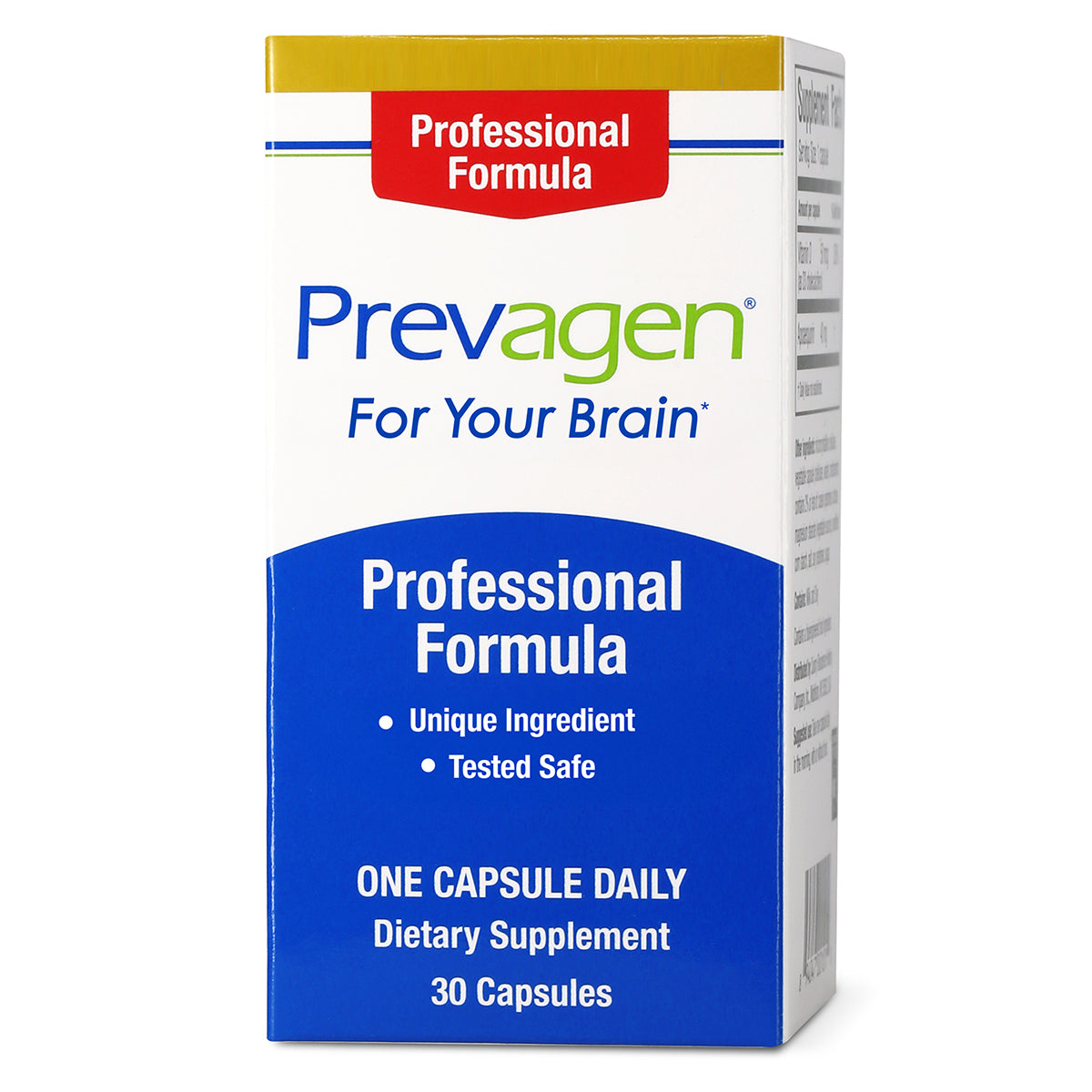 Prevagen Professional Formula dietary supplement box featuring the tagline "For Your Brain." The blue and white packaging highlights benefits like "Unique Ingredient" and "Tested Safe," and indicates a 30-capsule supply with a one capsule daily dosage.