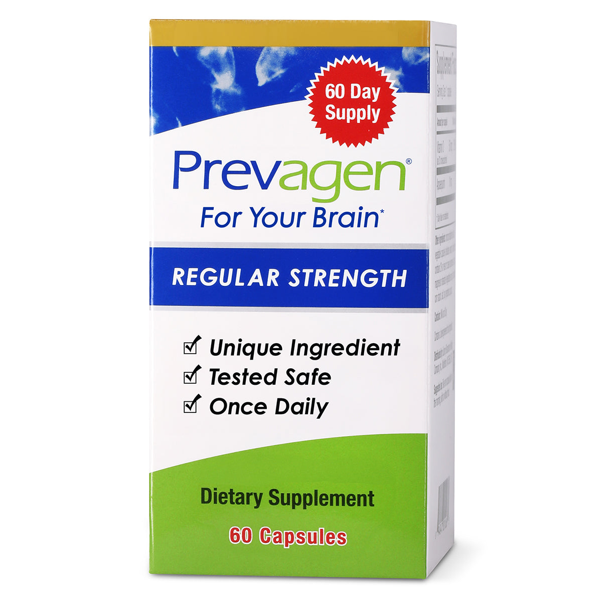 Prevagen Regular Strength dietary supplement box with a blue, white, and green design. It highlights a 60-day supply, once-daily use, and key benefits including “Unique Ingredient,” “Tested Safe,” and “Once Daily,” containing 60 capsules.