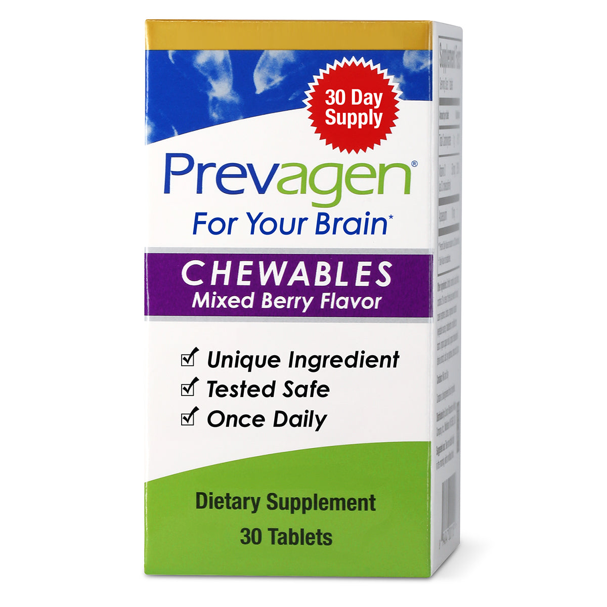 Box of Prevagen Chewables dietary supplement in mixed berry flavor. The packaging indicates it's a 30-day supply containing 30 tablets, taken once daily. It highlights claims such as “Unique Ingredient,” “Tested Safe,” and “For Your Brain.”