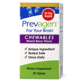 Box of Prevagen Chewables dietary supplement in mixed berry flavor. The packaging indicates it's a 30-day supply containing 30 tablets, taken once daily. It highlights claims such as “Unique Ingredient,” “Tested Safe,” and “For Your Brain.”