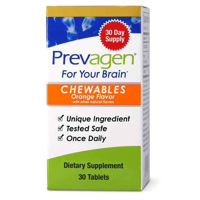 Box of Prevagen Chewables dietary supplement in orange flavor, labeled as a 30-day supply with 30 tablets. The packaging promotes features like “Unique Ingredient,” “Tested Safe,” and “Once Daily,” with a tagline “For Your Brain.”