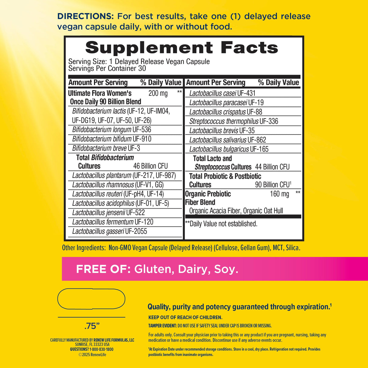 Renew Life Ultimate Flora Women's Complete Probiotic 90 Billion — supplement facts panel, 30 capsules, current label