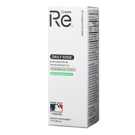 A white box of ReCreate Daily Edge CBD oil in mint chocolate flavor. The product offers 25 mg of CBD per ml, totaling 750 mg per bottle, and is MLB-certified.