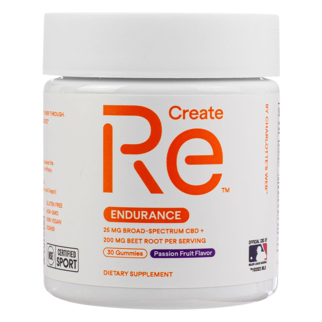 White plastic jar labeled “Create Re Endurance” by Charlotte’s Web, containing 30 passion fruit flavored gummies. The supplement includes 25 mg broad-spectrum CBD and 200 mg beet root per serving, and is marked gluten-free, non-GMO, and vegan with NSF Certified for Sport and MLB partnership logos.