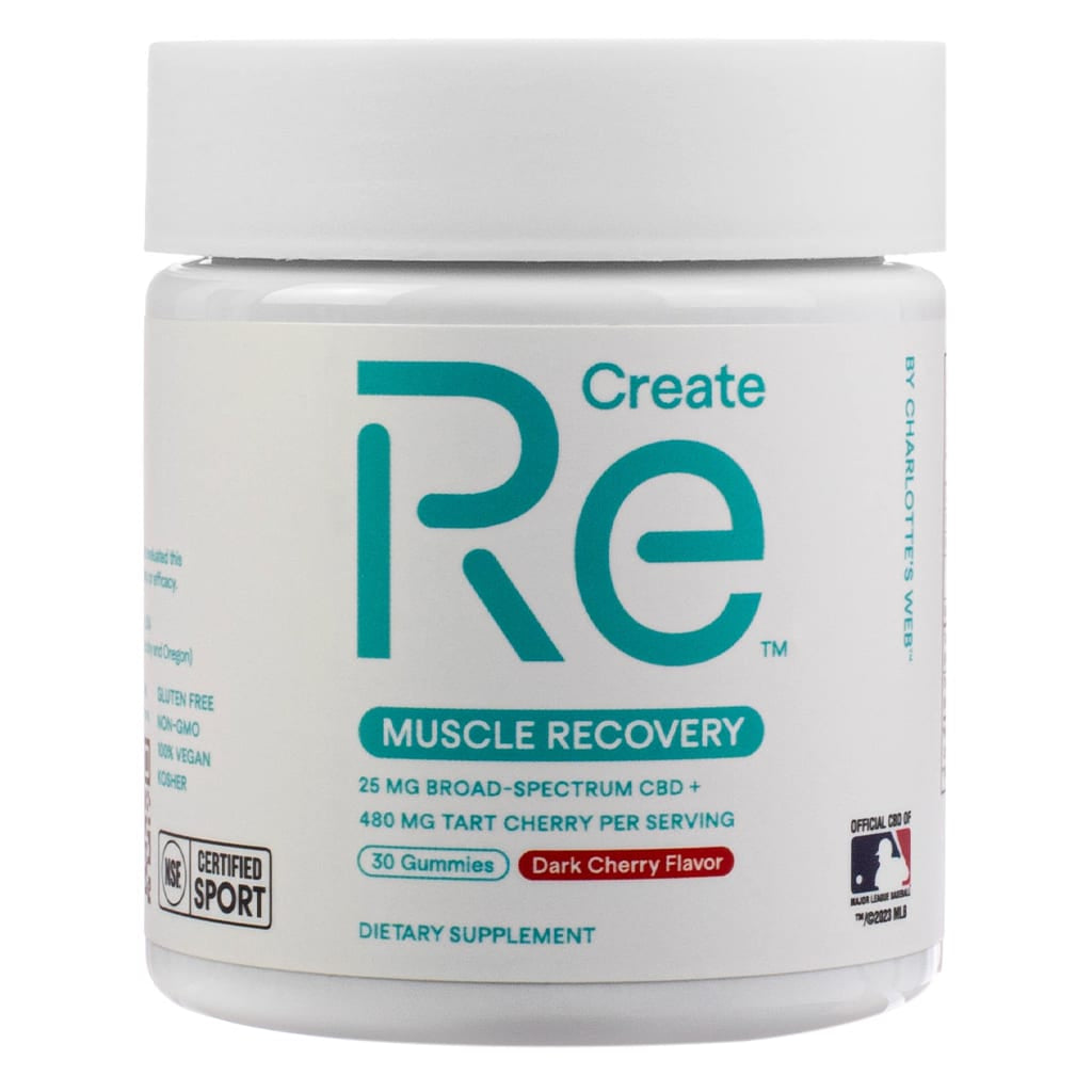 A white jar labeled "Create Re MUSCLE RECOVERY" by Charlotte's Web, containing 30 dark cherry-flavored gummies. Each serving delivers 25 mg broad-spectrum CBD and 480 mg tart cherry, with NSF Certified Sport and MLB official product logos displayed.