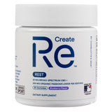 A white plastic container labeled "Create Re REST" from Charlotte's Web, featuring 60 blueberry-flavored gummies with 25 mg broad-spectrum CBD and 250 mg organic passionflower per serving. The bottle includes NSF Certified Sport and MLB logos, indicating quality and official partnership.