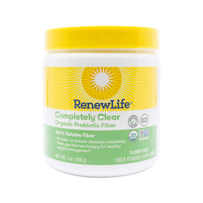 Renew Life Completely Clear Organic Prebiotic Fiber powder in white plastic jar with yellow lid and green label, 7 oz