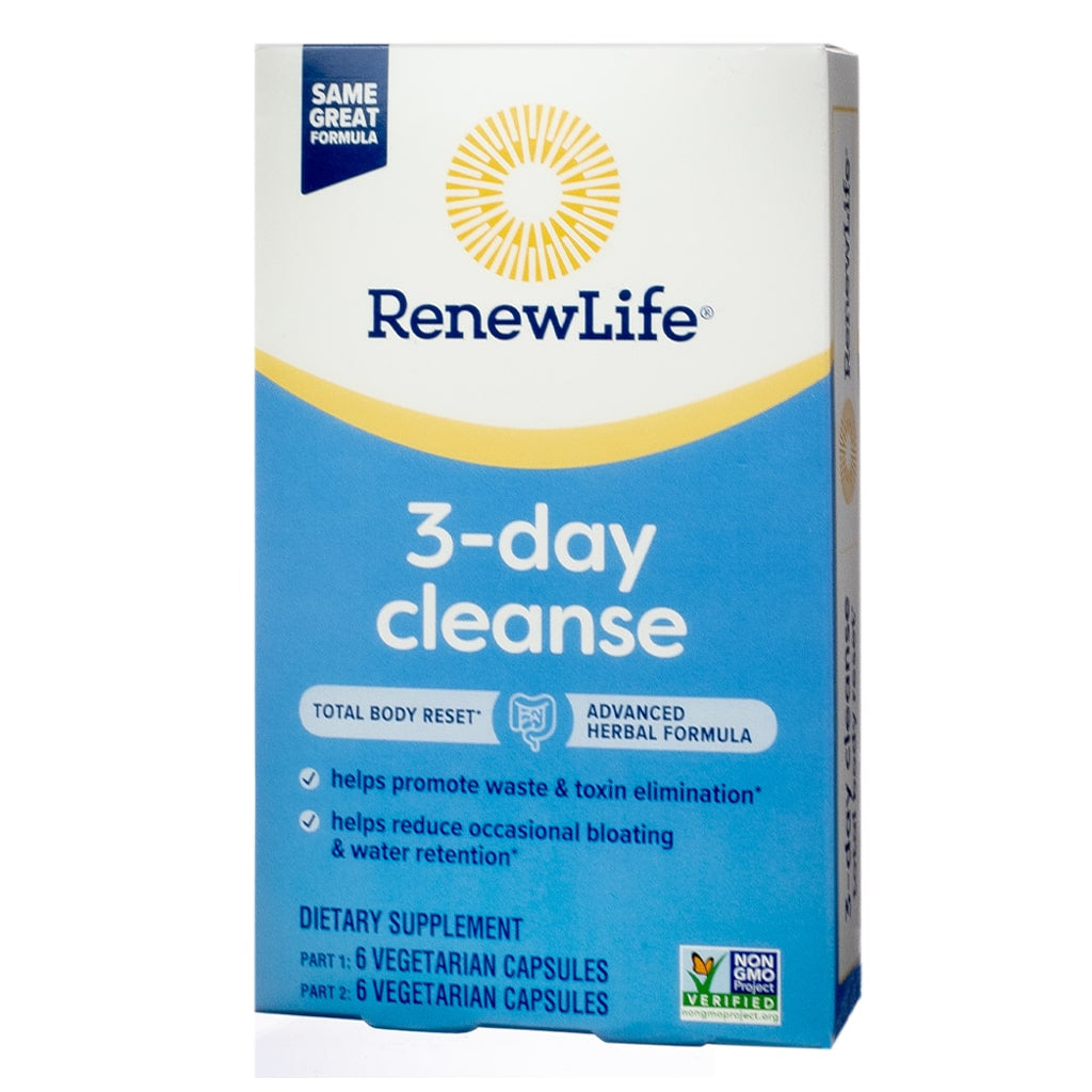 A blue and yellow box labeled "Renew Life 3-Day Cleanse," an advanced herbal formula designed for total body reset. Supports waste and toxin elimination and helps reduce bloating, with 6 vegetarian capsules per part.