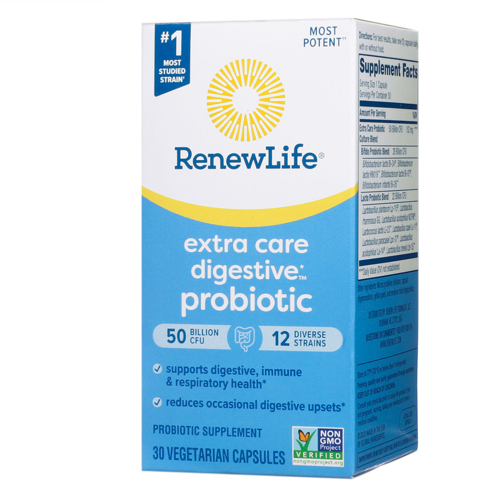 Front label of RenewLife Extra Care Digestive Probiotic, 30 vegetarian capsules, with 50 billion CFU and 12 diverse strains for digestive and immune health.