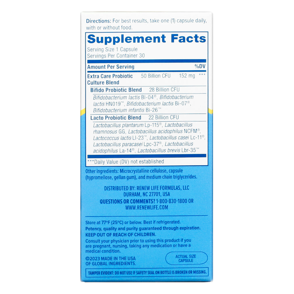 Supplement facts label of RenewLife Extra Care Digestive Probiotic, 30 vegetarian capsules, detailing bifido and lacto probiotic blends with total 50 billion CFU.
