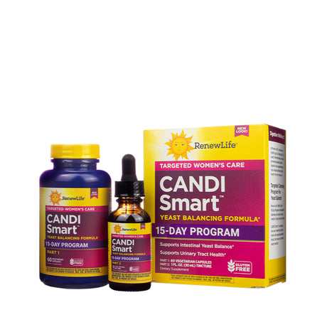 Renew Life CandiSmart 15-Day Program set for women’s yeast balance. Includes bottle of 60 vegetarian capsules and 1 oz tincture, designed to support intestinal yeast and urinary tract health.
