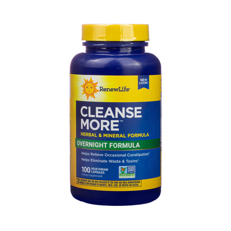 Bottle of Renew Life Cleanse More Herbal & Mineral Formula with 100 vegetarian capsules. Overnight formula helps relieve occasional constipation and eliminate waste and toxins.