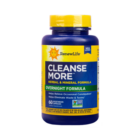 Bottle of Renew Life Cleanse More herbal and mineral formula with 60 vegetarian capsules. Supports overnight cleansing by relieving occasional constipation and helping eliminate waste and toxins.