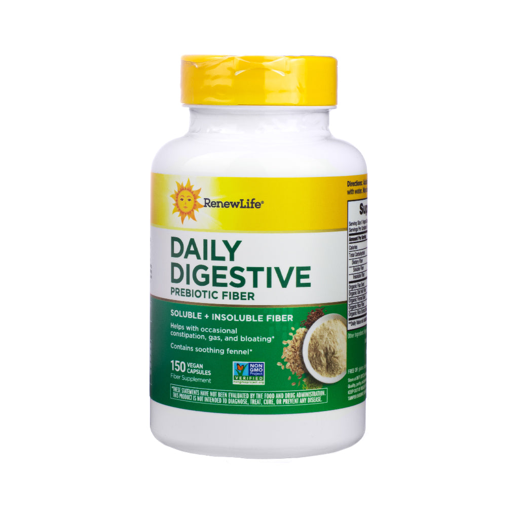 White bottle of Renew Life Daily Digestive Prebiotic Fiber with 150 vegan capsules. Contains both soluble and insoluble fiber with soothing fennel to support digestion, and help reduce occasional gas, bloating, and constipation.