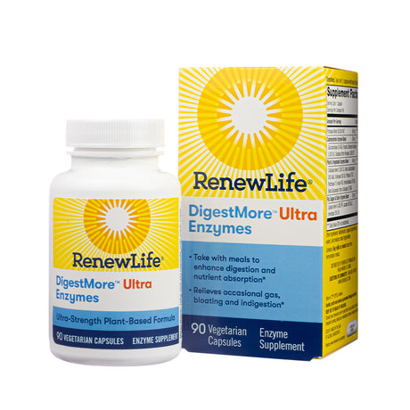Renew Life DigestMore Ultra Enzymes shown with both bottle and box packaging, containing 90 vegetarian capsules. Ultra-strength plant-based formula designed to enhance digestion and nutrient absorption, and relieve bloating and indigestion.