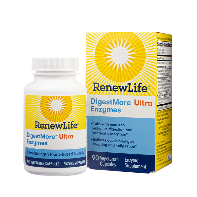 Renew Life DigestMore Ultra Enzymes shown with both bottle and box packaging, containing 90 vegetarian capsules. Ultra-strength plant-based formula designed to enhance digestion and nutrient absorption, and relieve bloating and indigestion.