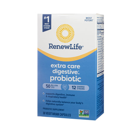 Box of Renew Life Extra Care Digestive Probiotic with 50 billion CFU and 12 diverse strains. Supports digestive, immune, and respiratory health while helping balance the digestive system naturally.