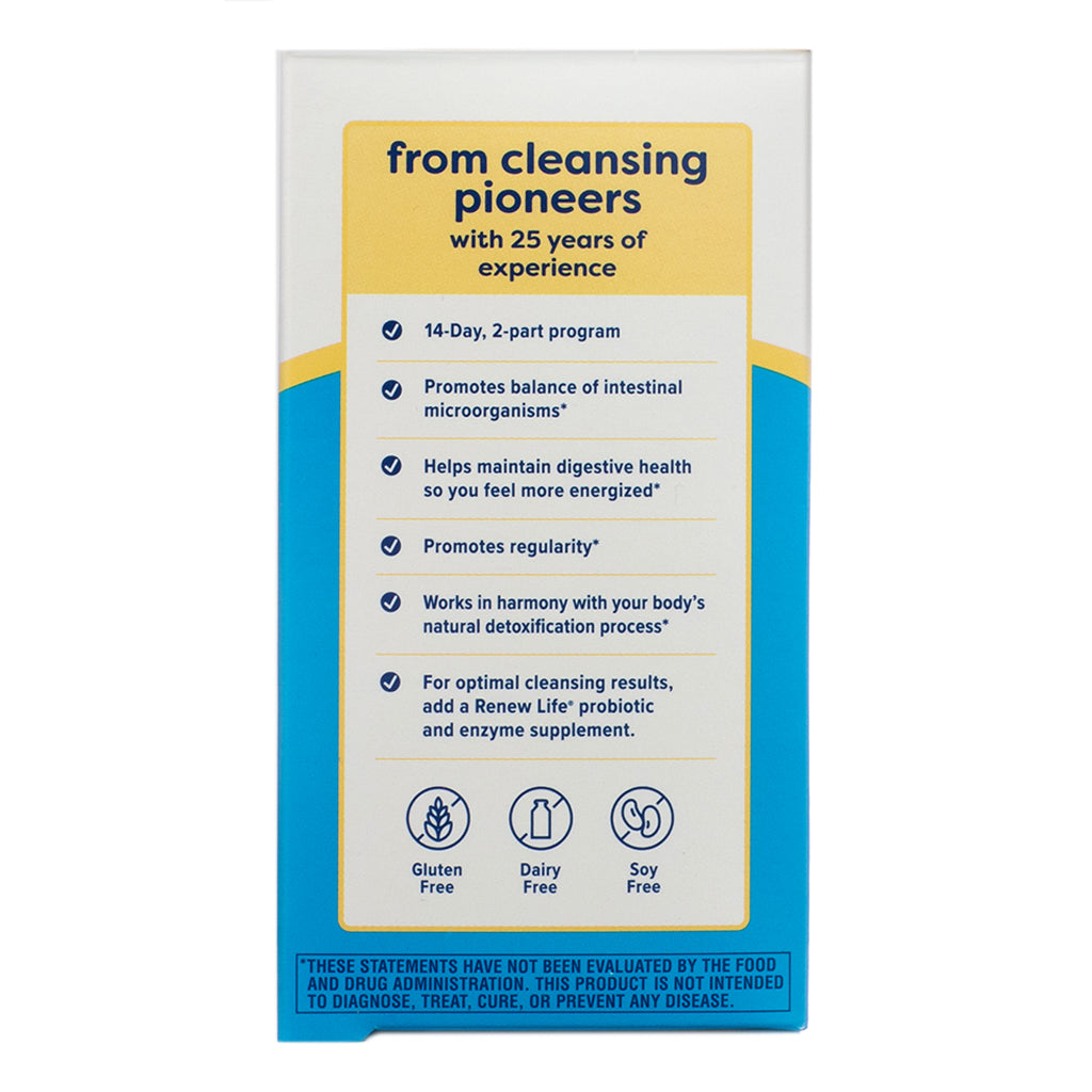 The back panel of Renew Life ParaSmart 14 Day Cleanse, outlining the benefits of the two-part program. It highlights digestive health support, regularity, and detoxification benefits. The product is labeled as gluten-free, dairy-free, and soy-free.