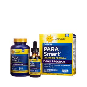 Renew Life ParaSmart Cleanse Formula 15-Day Program box with blue bottle and amber liquid dropper bottle