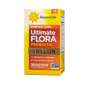 Renew Life Ultimate Flora Everyday Care Probiotic 15 Billion CFU, yellow and orange box, 30 delayed release vegan capsules