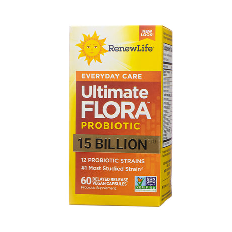 Box of Renew Life Ultimate Flora Probiotic for everyday care, offering 15 billion CFU and 12 probiotic strains. Includes 60 delayed release vegan capsules in orange and yellow packaging.