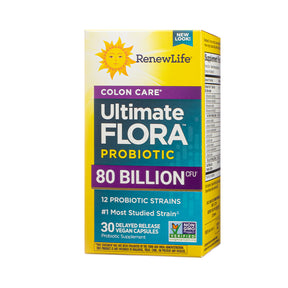 Renew Life Ultimate Flora Colon Care Probiotic 80 Billion CFU 30 capsules box, yellow and teal label