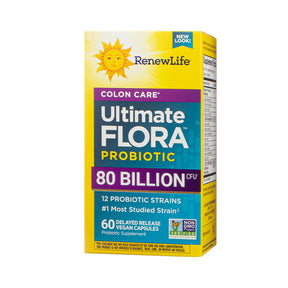 Renew Life Ultimate Flora Colon Care Probiotic 80 Billion CFU, 60 vegan capsules, yellow box with purple teal label