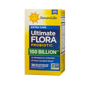 Renew Life Ultimate Flora Extra Care Probiotic 100 Billion CFU yellow box, 30 delayed release vegan capsules