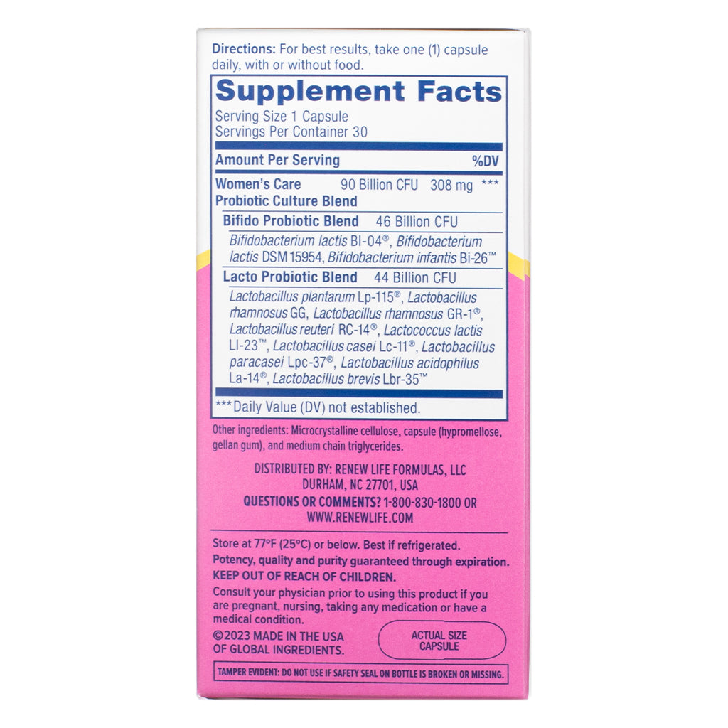 Back of a Renew Life Women's Care Probiotic box displaying supplement facts. It highlights a 90-billion CFU probiotic blend with bifido and lacto strains, directions for use, and other ingredients. The label advises refrigeration for potency and includes a tamper-evident warning.