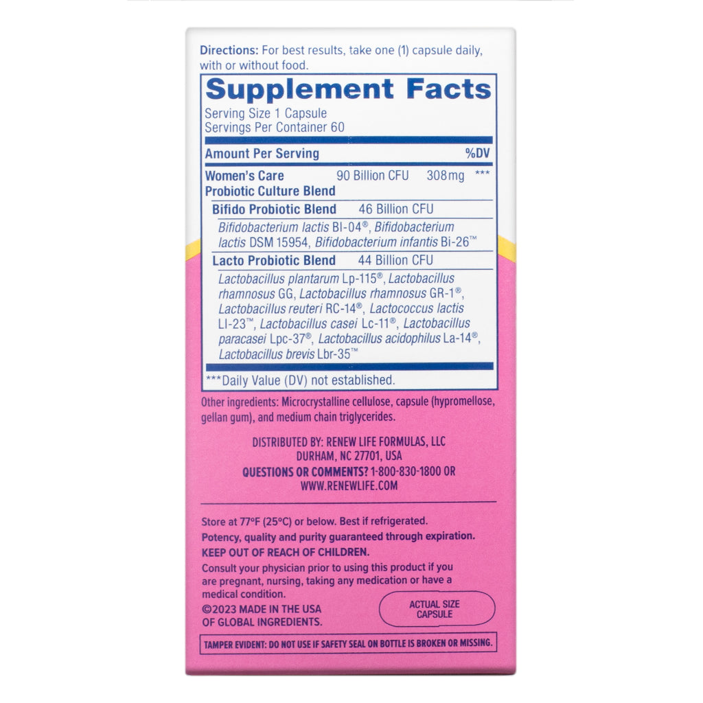 Supplement facts panel for Renew Life Women’s Care Probiotic 90 Billion CFU, 60 capsules. It details the probiotic culture blend, including Bifido Probiotic Blend (46 billion CFU) with Bifidobacterium lactis, Bifidobacterium infantis, and Bifidobacterium longum, and Lacto Probiotic Blend (44 billion CFU) with various Lactobacillus and Lactococcus strains. Additional information includes directions for use, storage recommendations, warnings, and other ingredients like microcrystalline cellulose and medium-ch