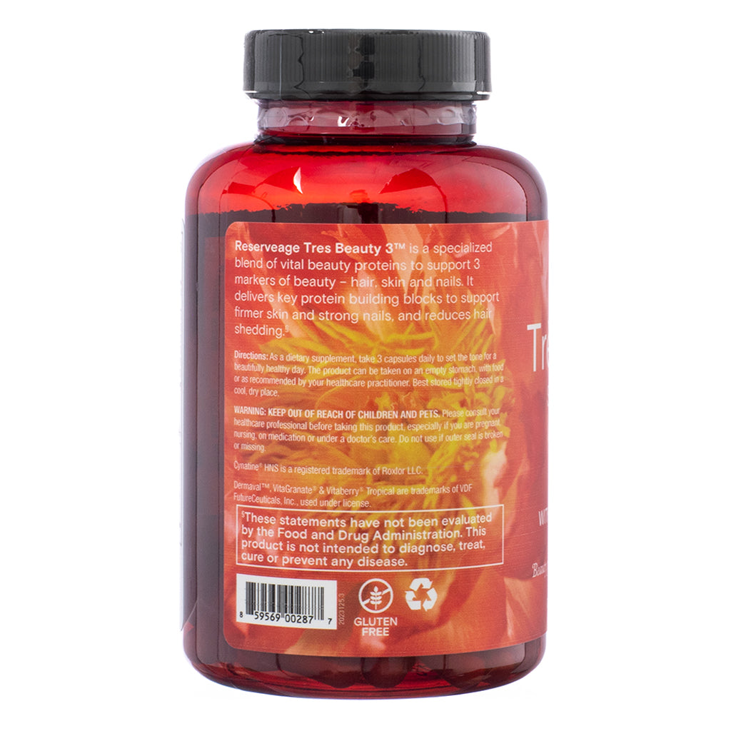 The back label of Reserveage Nutrition Très Beauty 3, 90 Capsules, highlighting product benefits. The label describes a blend of vital beauty proteins designed to support hair, skin, and nails. It mentions key protein building blocks for firm skin, strong nails, and reduced hair shedding, along with dosage instructions and warnings.