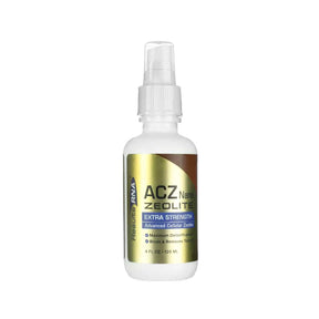 White 4 fl oz spray bottle of Results RNA ACZ Nano Zeolite Extra Strength, labeled as an advanced cellular zeolite detox supplement. The gold and blue label highlights benefits like maximum detoxification and toxin removal support.