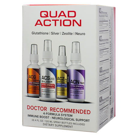 The front packaging of Results RNA Ultimate Immune Support System Extra Strength 4 Ounce System, featuring four spray bottles labeled ACS 200 Silver, ACZ Nano Zeolite, ACG Glutathione, and ACN Neuro. The box highlights its doctor-recommended formula for immune boost and neurological support.