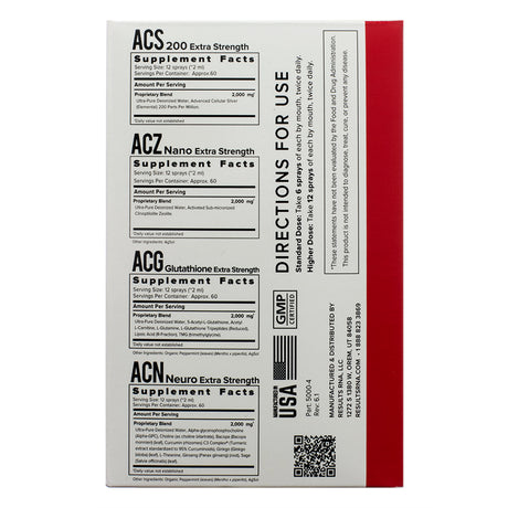 The supplement facts panel for Results RNA Ultimate Immune Support System Extra Strength 4 Ounce System, listing detailed ingredient information for each of the four included sprays: ACS 200 Silver, ACZ Nano Zeolite, ACG Glutathione, and ACN Neuro, along with usage directions.