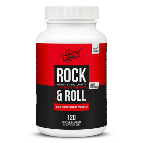 Lively Vitamin Co. Rock & Roll 120 vegetable capsules dietary supplement bottle with a bold red and black design. The label highlights 'Male enhancement formula' and '750 mg Bombyx Mori' to boost stamina and support male health.