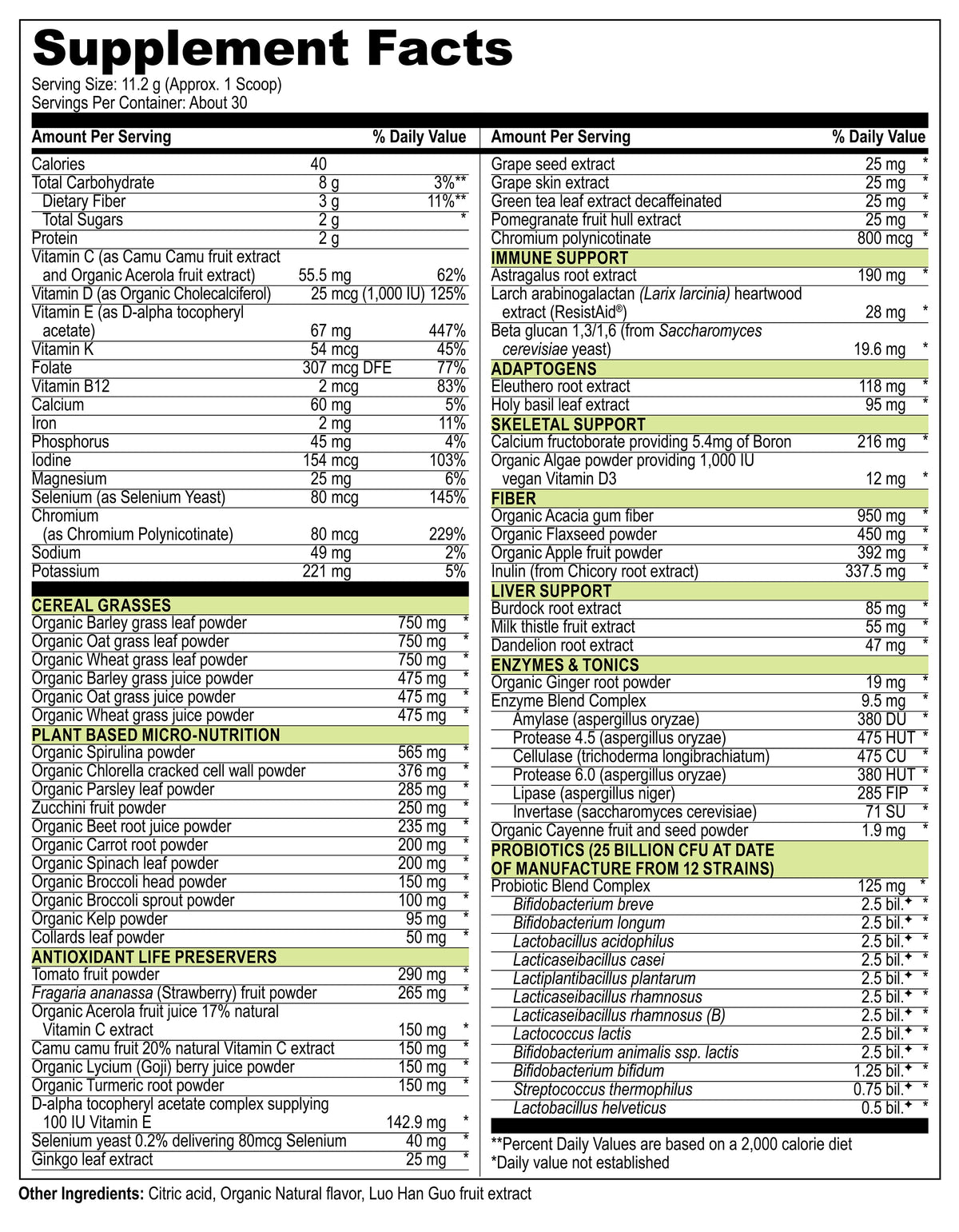 Vibrant Health Green Vibrance Version 22.0 Supplement Facts panel