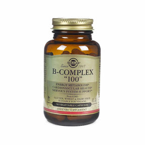 Solgar B-Complex 100 50 vegetable capsules amber bottle with gold cap and beige label