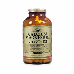 Solgar Calcium Magnesium with Vitamin D3 300 tablets amber glass bottle with gold cap and beige label