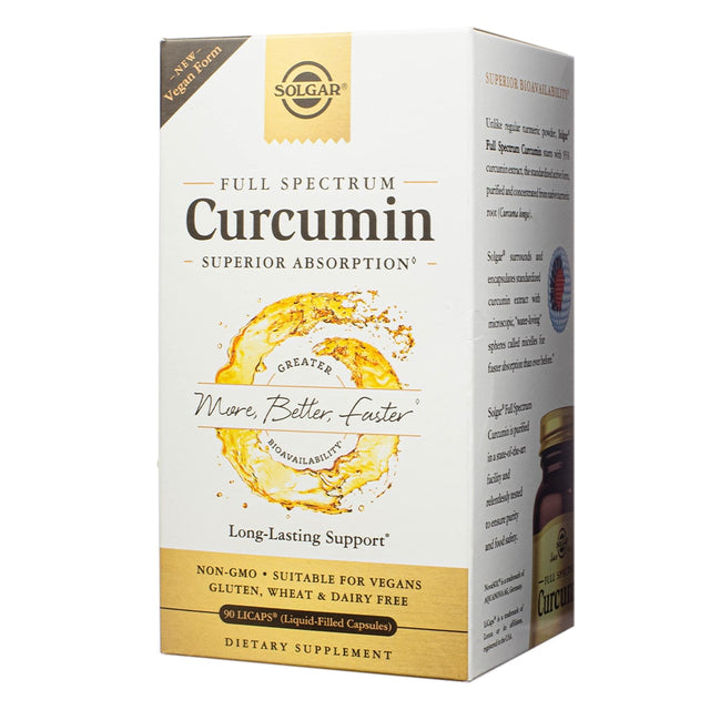 A box of Solgar Full Spectrum Curcumin dietary supplement with 90 liquid-filled softgels. The packaging highlights "greater bioavailability" with a splash of golden liquid imagery and mentions being non-GMO, vegan, and free of gluten, wheat, and dairy.