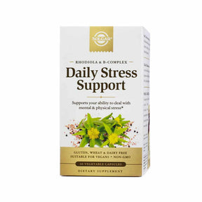Solgar Daily Stress Support 60 vegetable capsules box, white and gold label with herbal flower graphic