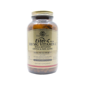 Solgar Ester-C Plus 500 MG Vitamin C amber bottle, gold cap, beige label, 250 vegetable capsules