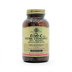 Solgar Ester-C Plus 500mg Vitamin C 90 capsules amber bottle with gold cap and cream label
