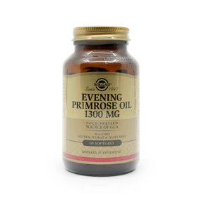 Solgar Evening Primrose Oil 1300 mg 60 softgels amber bottle with gold cap and beige label
