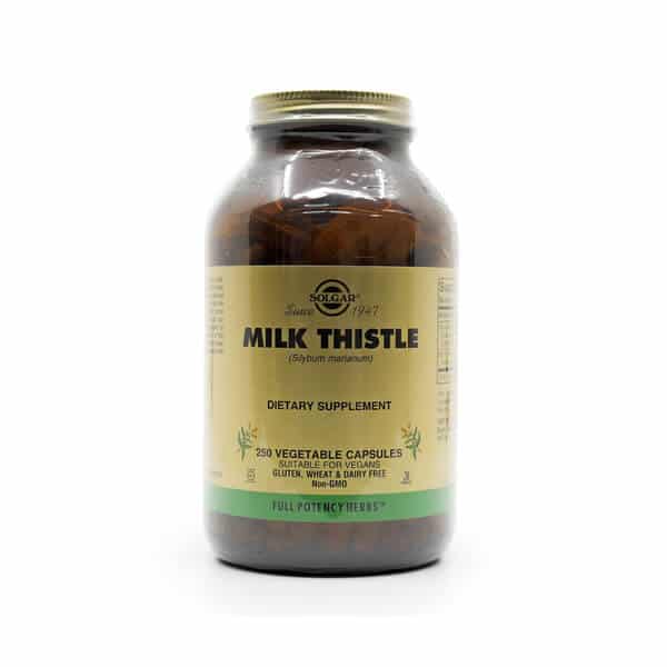 A glass bottle of Solgar Milk Thistle dietary supplement containing 250 vegetable capsules. The product is gluten-free, dairy-free, non-GMO, and suitable for vegans.